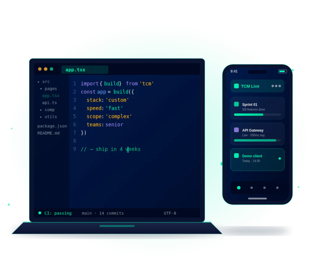 Développement sur mesure : code sur écran d'ordinateur et maquette sur smartphone.